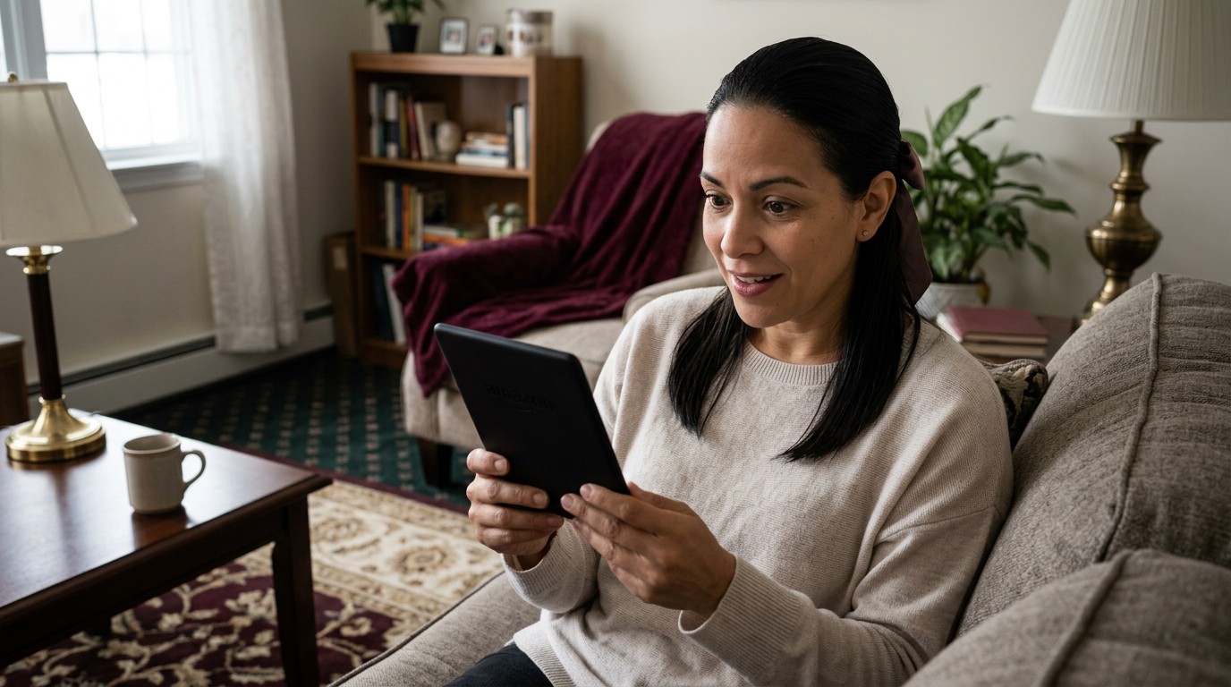 Mujer leyendo cuento de sweet realities en una tablet