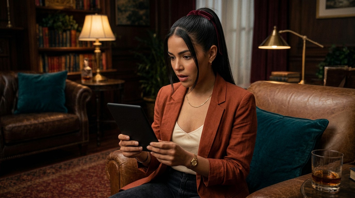 Mujer joven sorprendida por cuento de sweet realities aguantando kindle en mano.